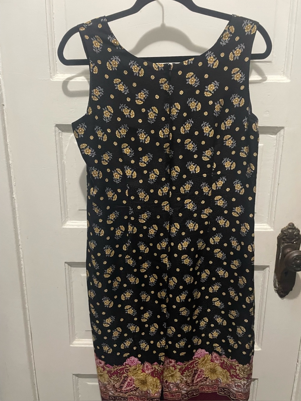 100% Silk Black Floral Sleeveless Midi Dress with Border Print